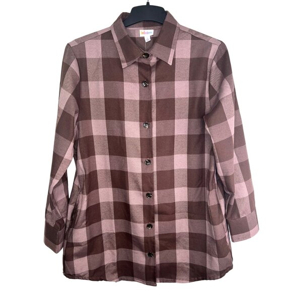 LuLaRoe Abigail Flannel Long-Sleeve Button-Up Plaid Shirt Pink/Brown Large - Picture 14 of 16